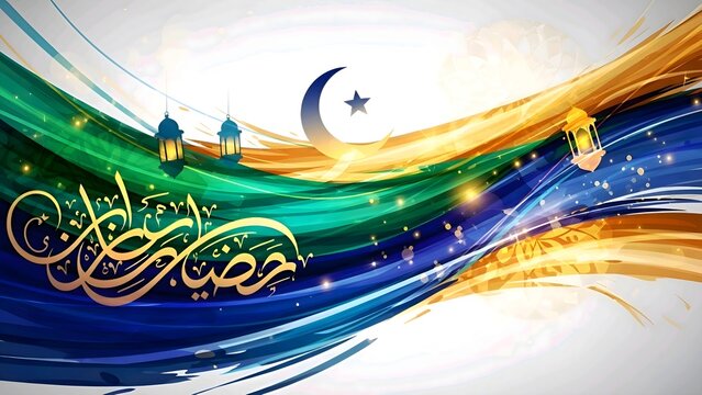 Digital artwork featuring bold, flowing brushstroke waves in green, blue, and gold, paired with intricate Arabic calligraphy, crescent moon and star motifs, and traditional lanterns. The dynamic, colo