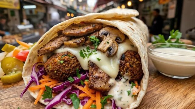 A delectable, close-up shot captures a generously filled wrap, showcasing a vibrant array of fresh and savory ingredients. The warm flatbread cradles crispy fried protein balls, savory grilled slices,