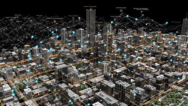 A cityscape with a lot of buildings and a river. The buildings are connected. City data integration platform, simplified urban landscape with digital data nodes, soft neutral tones, uncluttered layout