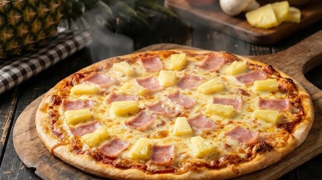 A delicious, freshly baked pizza with a perfectly golden crust, rich melted cheese, savory ham slices, and vibrant sweet pineapple chunks steaming gently on a rustic wooden board. This inviting, overh
