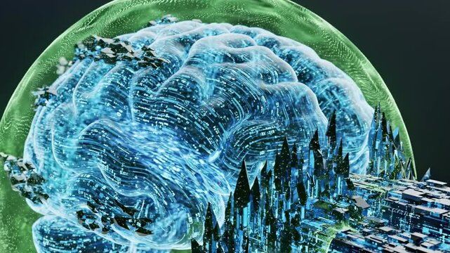 A vibrant illustration of a brain with a swirling blue pattern resembling a storm or ocean waves, set against a green globe background with a dark sky