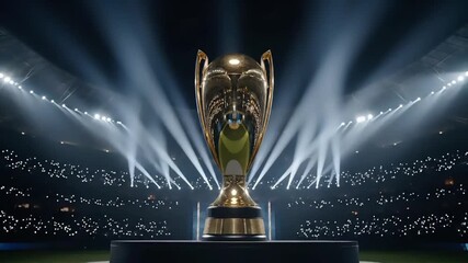 A large golden trophy sits on a pedestal in a packed stadium with spotlights shining down, conveying a celebratory and victorious mood.