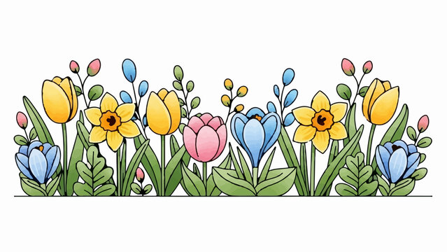 A vibrant border of spring flowers including tulips, daffodils, crocuses, and buds