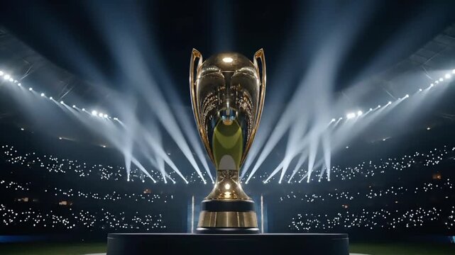 A large golden trophy sits on a pedestal in a packed stadium with spotlights shining down, conveying a celebratory and victorious mood.