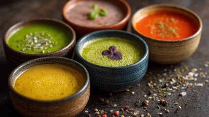 Small bowls hold various colored sauces on a dark background. Each bowl contains a different type of sauce showing a variety of unique colors and textures. Fresh herbs decorate some sauces.