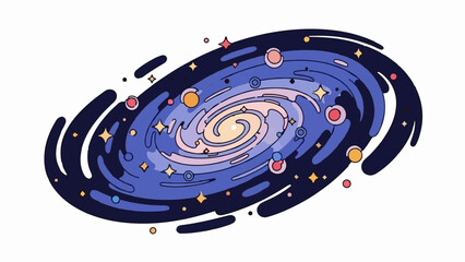 A stylized, colorful spiral galaxy with stars and planets against a white background