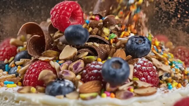 Close up of dessert with colorful toppings and fresh berries