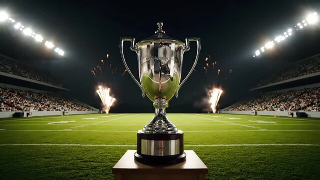 A shiny silver trophy sits on a pedestal in the center of a brightly lit sports field with fireworks exploding in the background and a cheering crowd in the stands at nighttime.