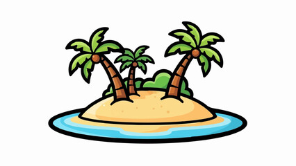 Obraz premium A small, sandy island with three palm trees and green foliage surrounded by blue water