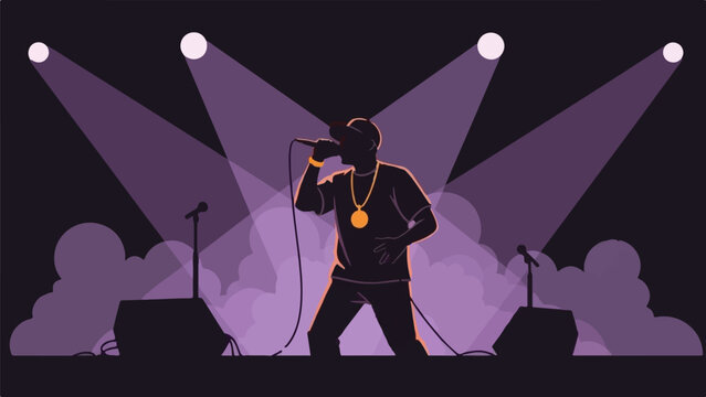A silhouette of a rapper performing under stage lights with microphones