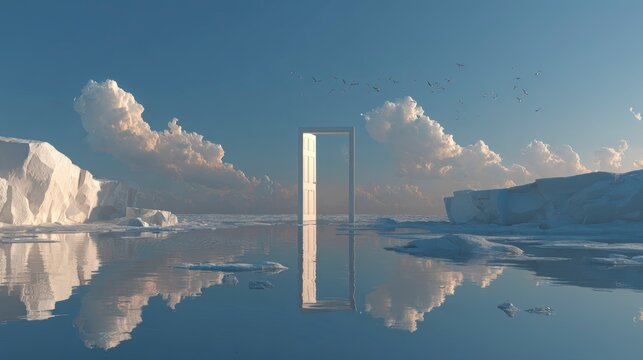 Surreal Landscape with Doorway in Icey Water Under Blue Sky