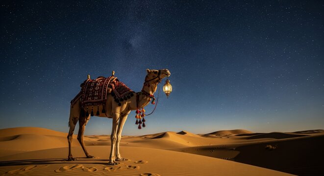 Pixelated Camel Under Starry Sky in Desert Landscape Night - Powered by Adobe