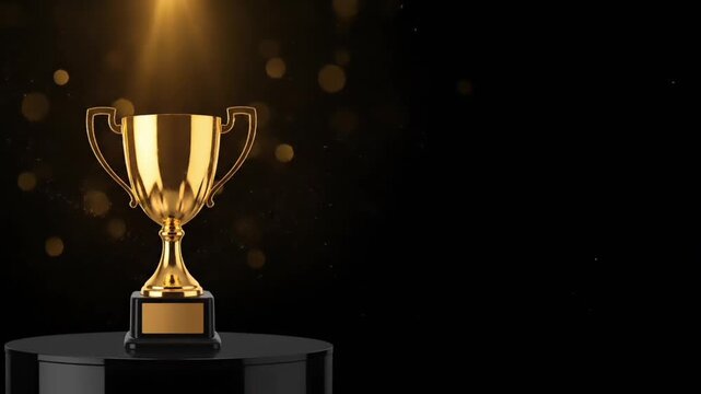 A shiny gold trophy sits on a black pedestal against a dark background with warm, golden lighting and bokeh effect.