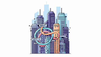 Fototapeta premium A vibrant city skyline illustration featuring diverse buildings with intertwined abstract tubes and communication lines