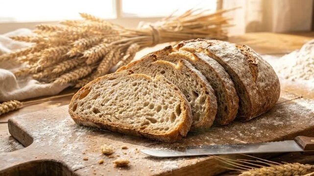 A freshly baked, rustic loaf of bread, artfully sliced and generously dusted with flour, rests invitingly on a distressed wooden cutting board. Golden wheat stalks are arranged elegantly in the backgr
