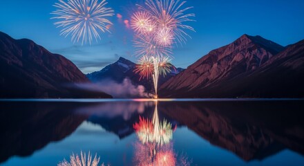 Fireworks Exploding over Still Lake Reflecting Mountains at Dusk