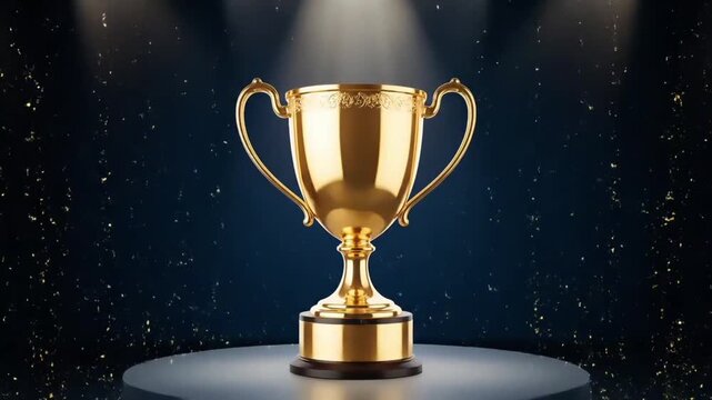 A shiny gold trophy with two handles sits on a circular platform against a dark background with spotlights and glittering gold specks.