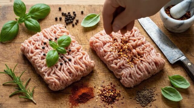 A high-angle, close-up shot captures a hand sprinkling vibrant red pepper flakes onto a portion of fresh, raw ground meat, resting on a rustic wooden cutting board. Another portion of minced meat is v