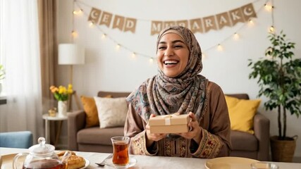 A joyful person, wearing a decorative head covering and elegant, culturally-inspired attire, radiates happiness as they hold a small, wrapped gift box. Their infectious laughter fills the brightly lit