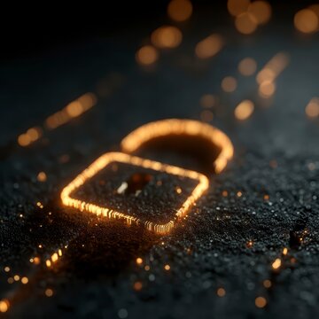 Glowing Padlock Symbol on Dark Background with Sparkling Particles