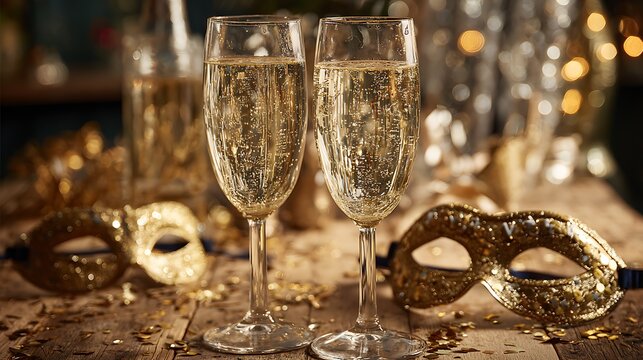 Two champagne flutes filled with bubbly, on a wooden surface with a festive background - Powered by Adobe