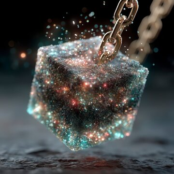 Magical Cube of Stars Suspended by Chain Against a Dark Background