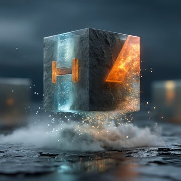 Abstract glowing cube floating above a misty surface with light effects