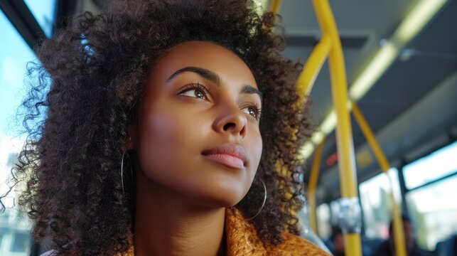 A woman sits on a public bus gazing out the window. She has curly hair and looks thoughtful as sunlight streams in illuminating her face. The setting is urban during daytime.