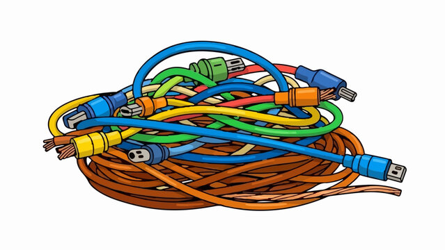 A tangled heap of multicolored electrical wires and connectors