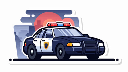 A stylized police car sits on a dark road against a city silhouette and sunset © Romi