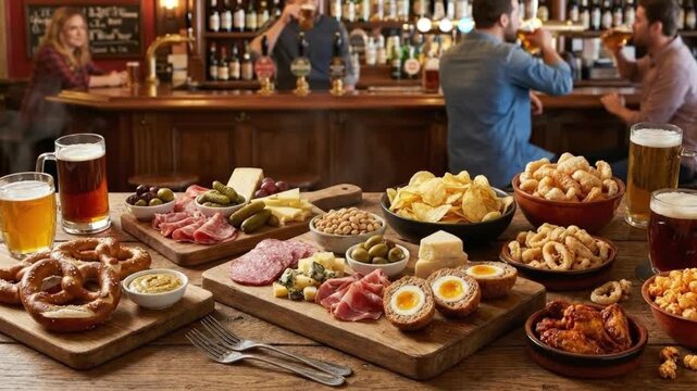 A lavish array of appetizing snacks and refreshing beverages is meticulously spread across a rustic wooden table, creating a vibrant focal point. The scene features multiple frothy beer glasses and mu
