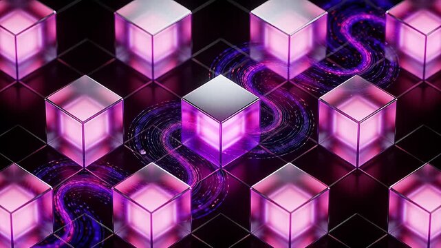Glowing purple cubes with digital particle trails on dark grid