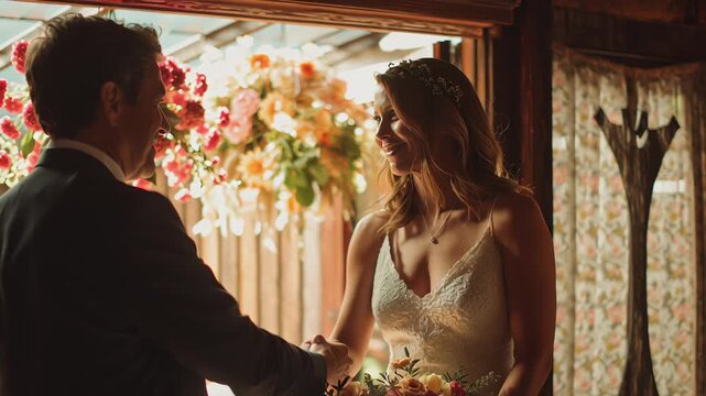 A bride and groom are standing in front of a judge, with the bride holding a bouquet. Elopement wedding portrait, simple ceremony feeling, warm natural light, authentic emotion style
