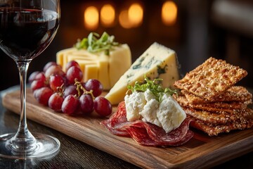 Obraz premium Elegant Wine and Cheese Pairing with Charcuterie on Wooden Board