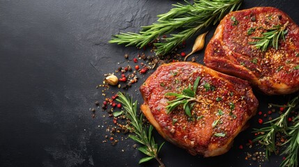 Two pieces of meat sit on a dark surface. They are seasoned with herbs and spices. Surrounding them are sprigs of rosemary and scattered peppercorns.