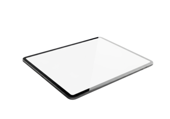 Sleek black tablet pc with blank glossy white screen angled on transparent background, ample copy space, high-end technology mockup concept