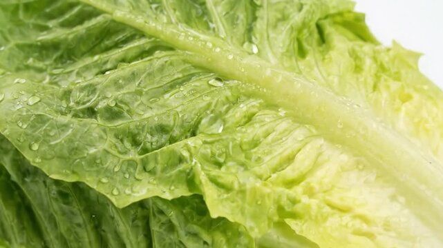 A macro close-up shot of vibrant, crisp green lettuce leaves glistening with fresh water droplets. The intricate texture and rich color of the leafy vegetable are highlighted, showcasing its natural b