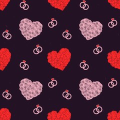 Valentine Heart and Rings Seamless Pattern Dark Background