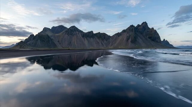 A majestic and dramatic coastal landscape unfolds at twilight, showcasing imposing, rugged mountains rising from a vast black volcanic sand beach. The tranquil ocean waves gently break on the shore, c