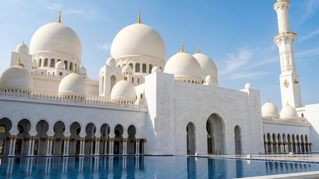A majestic and opulent white architectural marvel stands under a clear blue sky, presenting a breathtaking vision of grandeur. Numerous grand domes, some topped with elegant golden finials, and an imp