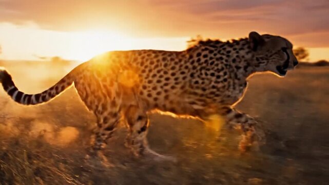 A majestic big cat, identified by its distinctive spotted coat, runs powerfully through an arid, golden savanna landscape during a breathtaking sunset or sunrise. The animal kicks up dust and dry gras