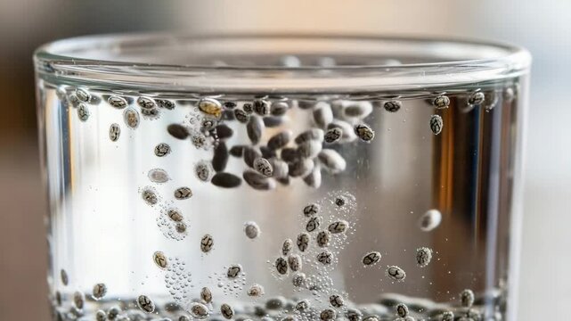 Chia seeds floating in sparkling water inside a clear glass,   A detailed macro shot of tiny chia seeds slowly soaking and expanding in a glass of water, 