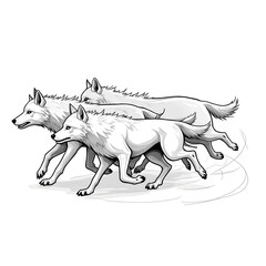 White arctic wolves pack running forward line art illustration