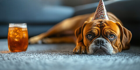 A sad-looking dog wearing a party hat lies beside a glass of iced tea on carpet. Ideal for pet blogs, humor sites, or content on birthdays, celebrations, and canine emotions.

