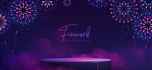 Showcase background with 3d podium  and holiday colorful firework explosion on dark blue background. Vector illustration