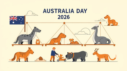 Naklejka premium Australia Day 2026 Celebration with Native Animals and Iconic Landmarks.