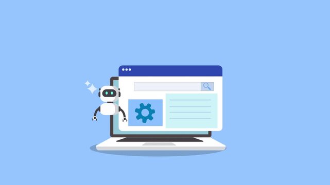 Flat illustration of a desktop monitor displaying a browser interface with system configuration and an AI assistant robot with sparkle effect, representing setup completion, automation, and modern dig