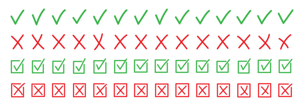 Hand-drawn check tick mark icon set including green checkbox symbols and red cross box X marks in doodle style