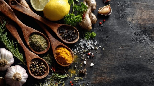 Different spices and herbs are placed on wooden spoons on a table. Lemon and garlic sit nearby ready to be used in cooking or seasoning dishes.