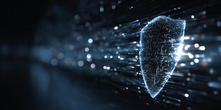 Digital shield protects against glowing data streams and cyber threats.